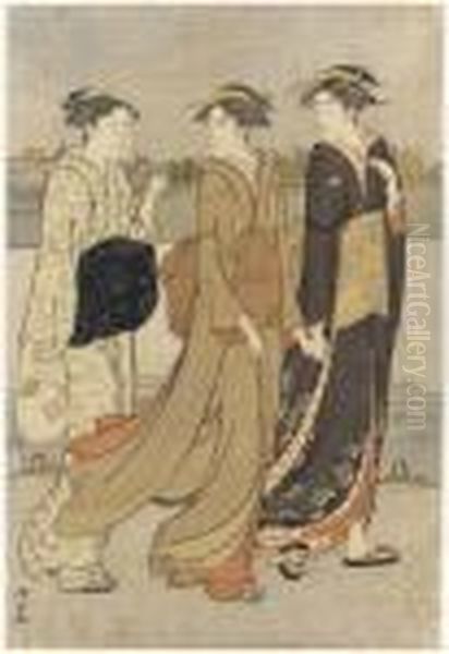 Four Prints, The Right Sheet Of 
The Polyptych, Summer Evening Bythe River At Hamacho, Signed Kiyonaga 
Ga; The Second The Rightsheet Of A Triptych Shoshun No Echigoya (early 
Spring At Theechigoya), Signed Kiyonaga Ga; The Third A Man, Courtesan 
And Oil Painting by Torii Kiyonaga