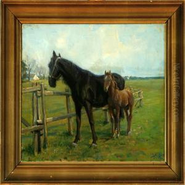 Old Trotter With A Foal. 
Skjoldgaarden Farm. Signed H. K. Plus Signed And Dated On The Stretcher 
Harald Kjaer 1924 Oil Painting by Harald Kjaer