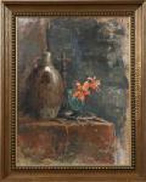 Stilleben Med Krus Och Liljor, Signerad Och Daterad E. Kjerner 1929 Oil Painting by Esther Kjerner