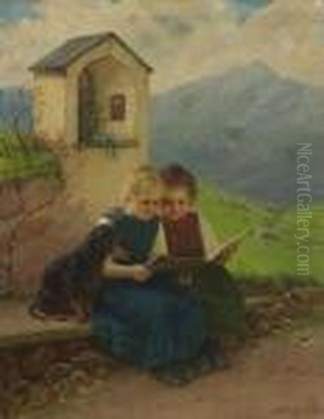 Zwei Lesende Madchen Mit Dackel
 Bei Einem Bildstock Oil Painting by Theodor Kleehaas