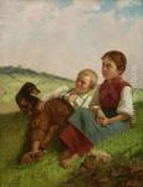 Geschwisterpaar Mit Dackel Auf Der
 Wiese. Oil Painting by Theodor Kleehaas