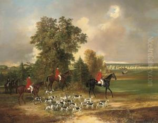 A Hunt In The Grounds Of The 
Chateau Of Lysa Nad Labem, Bohemiawith Prince Louis Rohan 
Guemmenee-rochefort (b. 1833) At The Headof The Hounds Oil Painting by Johann Adam Klein