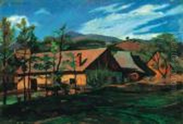 Houses In Nagybanya Oil Painting by Jozsef Klein