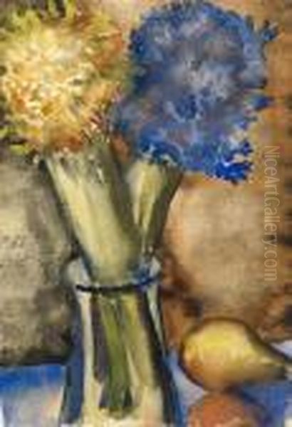 Ausergewohnlich Dekoratives, In 
Leuchtender Farbigkeit Gestaltetes Werk Kleinschmidts. Innnerhalb Der 
Darstellung Schenkt Der Kunstler Der Sich Auf Der Polierten Tischplatte 
Spiegelnden Frucht Und Der Transparenz Der Glasvase Besondere 
Aufmerksamk Oil Painting by Paul Kleinschmidt