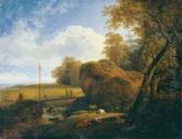 Bewaldete Landschaft Mit
 Schlafender Hirtin.

 Signiert Unten Rechts: Klengel F.

 Ol Auf Holz. H Oil Painting by Johann Christian Klengel