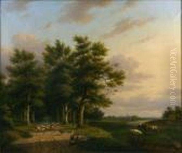 [paysage Avec Vaches, Moutons Et
 Village Dans Le Lointain.] Huile Sur Toile, Signee En Bas A Droite Oil Painting by Johann Bernard Klombeck