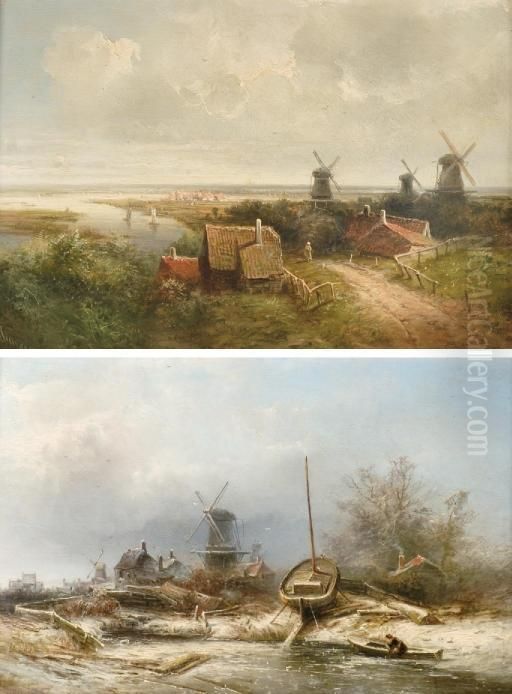 A Panoramic Summer Landscape; And A Snow-covered Boat Yard In Winter Oil Painting by Pieter Lodewijk Francisco Kluyver