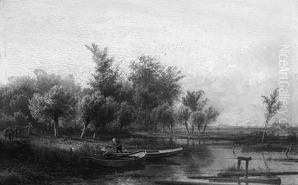 A Wooded River Landscape With An Eelfisher Oil Painting by Pieter Lodewijk Francisco Kluyver