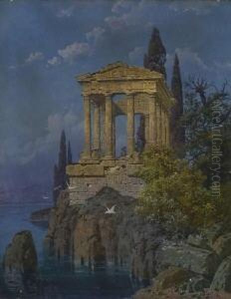 Tempelruine An
 Felsenkuste. Oil Painting by Ferdinand Knab