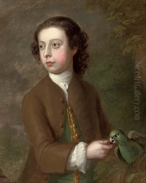 Portrait Of A Boy, Half-length, 
In A Brown Coat And Green Waistcoat With Gold Trim, Feeding A Parrot, In
 A Landscape Oil Painting by George Knapton