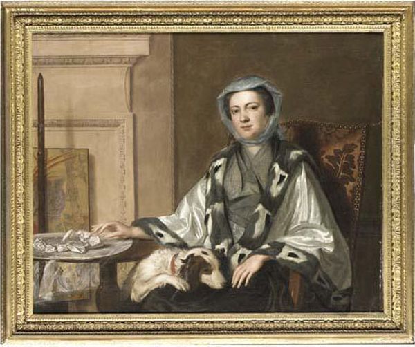 Portrait Of Mrs Neate, Of 
Donnington, Hampshire, Half-length, In Anembroidered Silver Shawl 
Trimmed With Fur, Seated By A Table With Aspaniel Her Lap, In An 
Interior, Beside A Polescreen Oil Painting by George Knapton