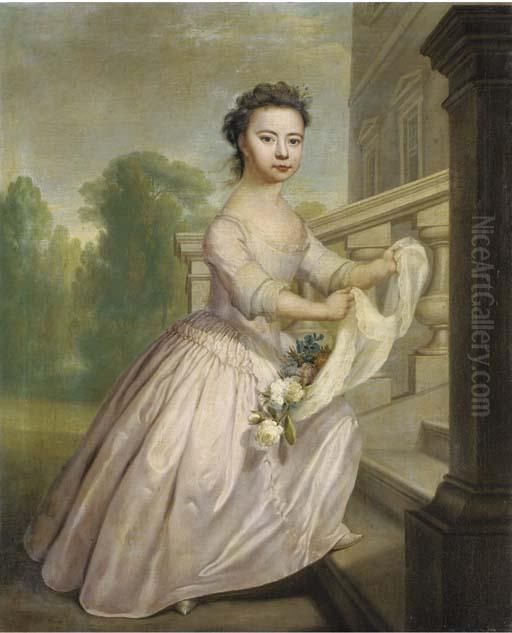 Portrait Of Ann Wo[o]lfe, 
Full-length, In A Pink Dress, Her Apronfilled With Flowers, On The Steps
 Of A Palladian Country House, Anavenue Of Trees Beyond Oil Painting by George Knapton