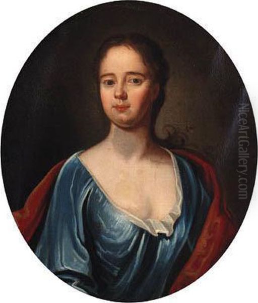 Portrait Of A Gentleman, 
Half-length, In A Brown Jacket And White Stock; And Portrait Of A Lady, 
Half-length, In A Blue Dress And Red Wrap Oil Painting by George Knapton