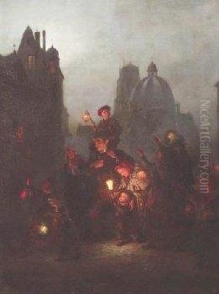 St. Martin's Parade In The 
Evening In Neuss (?). Signed Bottom Left L. Knaus: Oil On Canvas. 99cm X
 75cm. Rahmen. Oil Painting by Ludwig Knaus