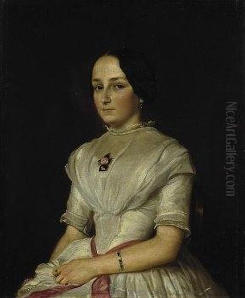 Portrait Of A Young Woman With A
 White Dress. Signed And Dated Lower Left: L. Knaus 1848. Oil On Canvas.
 Relined. 47 X 39cm. Framed. Oil Painting by Ludwig Knaus