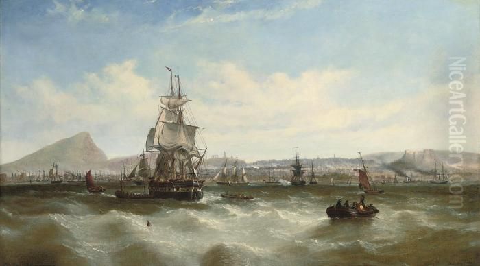 A Merchantman Preparing To Leave
 Her Anchorage Amidst Othershipping Off Leith, With A Panorama Of 
Edinburgh Beyond Oil Painting by William Adolphu Knell