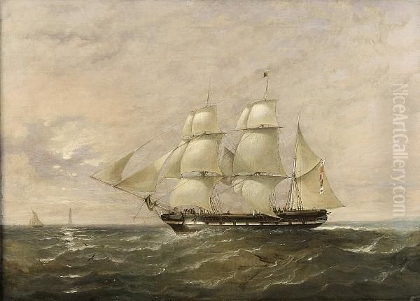 Sailing Vessel, Believed To Be 
The Brightman, Off A Coast With Lighthouse In The Distance Oil Painting by William Adolphu Knell