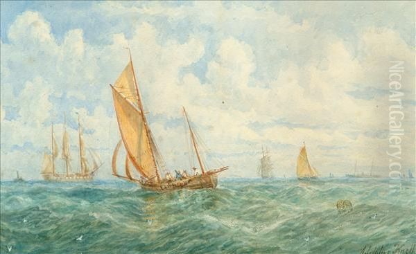 Two Mastedvessel In A Choppy Sea Oil Painting by William Adolphu Knell