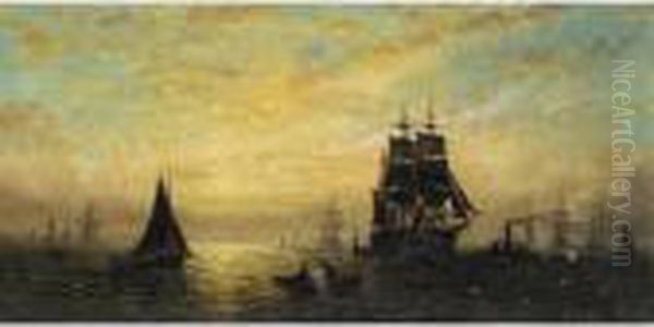 Shipping In An Estuary, Morning; Evening; Night Oil Painting by William Adolphu Knell