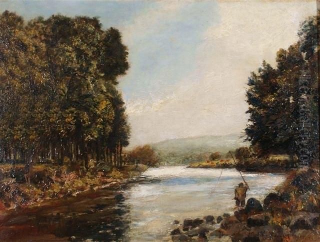 River Landscape With Angler Oil Painting by John William Buxton Knight