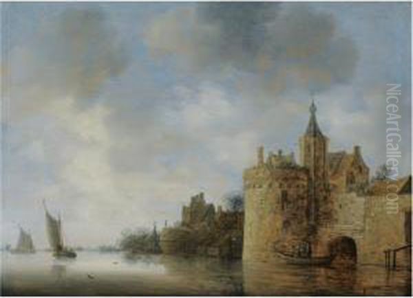 A River Estuary With Two 
Fishermen In A Rowing Boat Near A Fortified Town, Sailing Vessels Beyond Oil Painting by Wouter Knijff