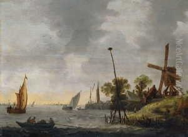 Flusslandschaft Mit
 Windmuhle. Oil Painting by Wouter Knijff