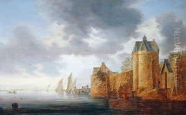 Flusslandschaft Mit Befestigtem
 Stadtchen. Oil Painting by Wouter Knijff