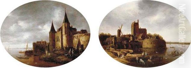 A Coastal Landscape With 
Fishermen By A Fortress; And A Coastal Landscape With A Ferry Crossing 
By A Fortified Village Oil Painting by Wouter Knijff