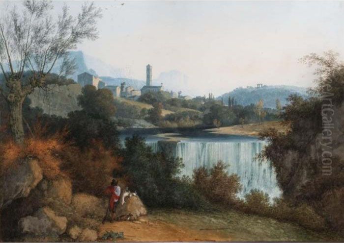 A River Landscape With A Village
 And A Tower In The Background, A Hunter With His Dog Resting Oil Painting by Joseph Augustus Knip