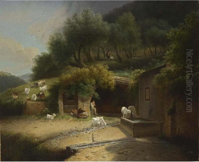 A Wooded Hilly Landscape With A 
Shepherd Resting In A Grotto With His Herd And A Donkey, Near A Fountain
 With Another Shepherd In The Background Oil Painting by Joseph Augustus Knip