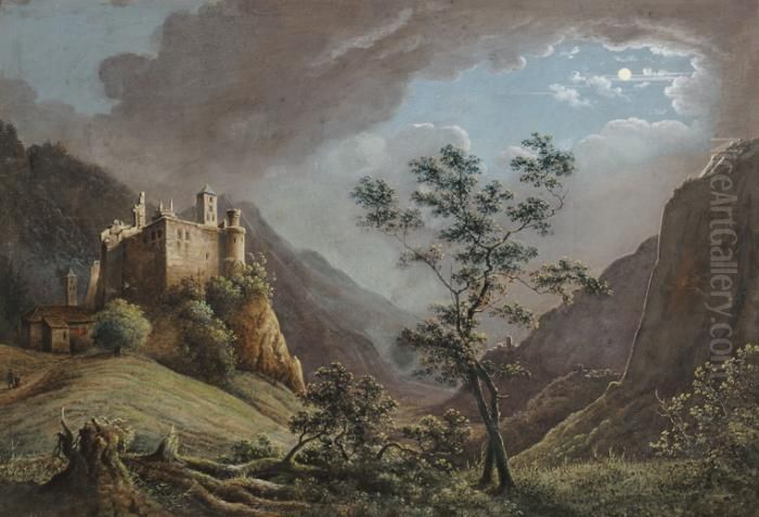 Moonlit Italianised Landscape Oil Painting by Henri Knip