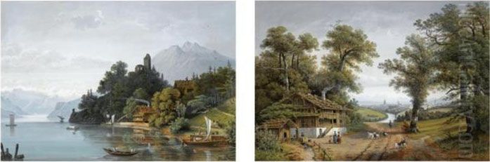 The Ruins Of Habsburg Castle 
Near Kussnacht, Luzern; A River Landscape With Bern In The Distance (a 
Pair) Oil Painting by Henri Knip