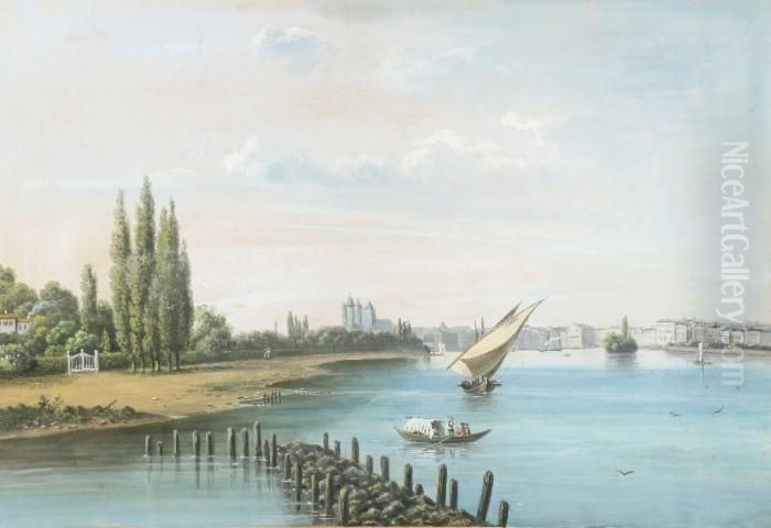 Italianriverlandscape With Some 
Sailing Boats, On The Left A Park And Atown At The Horizon Oil Painting by Henri Knip