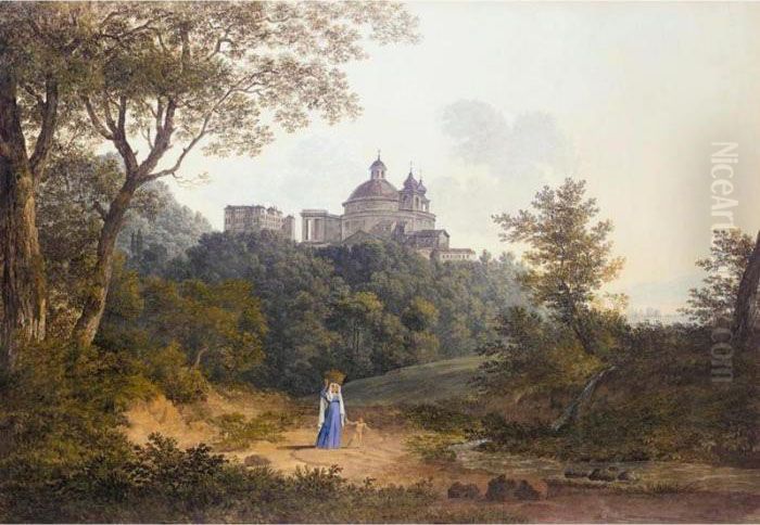 View Through Trees To The Church
 Of Sta Maria Dell'assunzione And The Palazzo Chigi At Ariccia Oil Painting by Henri Knip