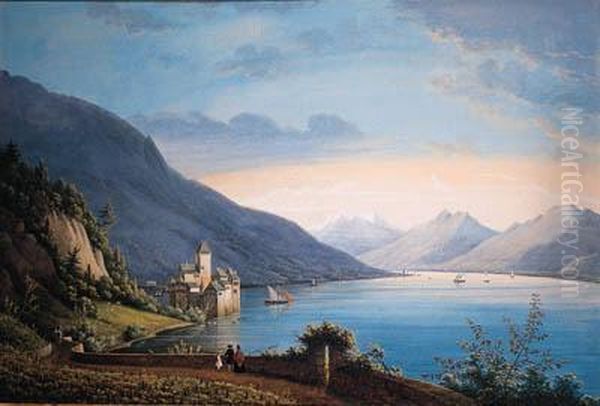 A View Of The Lake Of Geneva, 
With People Near A Vineyard In Theforeground Looking At Sailing-boats 
And A Castle Beyond Oil Painting by Henri Knip