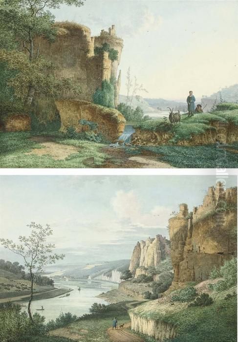 Shepherd Boys With A Dog Beneath
 A Ruined Castle On A Crag; And A Mountainous River Landscape Oil Painting by Joseph Augustus Knip