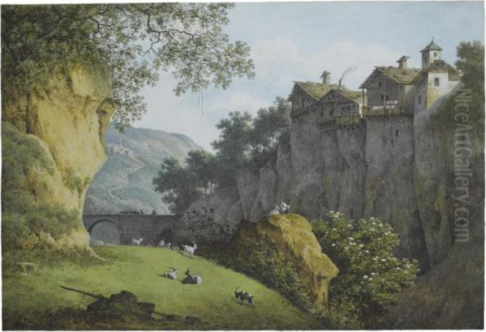 View Of A Ravine In The 
Mountains, Goats In The Foreground, Housesperched On A Cliff To The 
Right Oil Painting by Joseph Augustus Knip