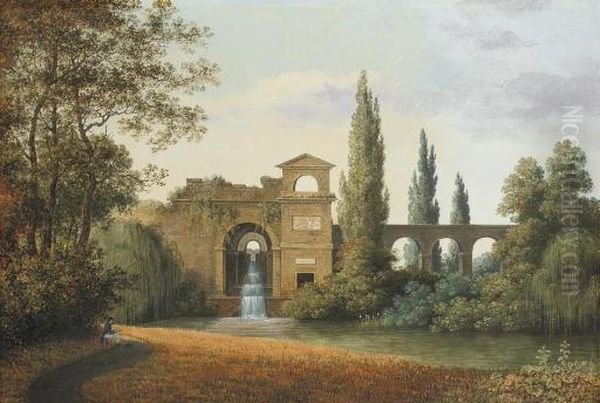A View Of The Roman Fountain At 
Schwetzingen Palace, Heidelberg, A Painter Seated In The Foreground Oil Painting by Joseph Augustus Knip
