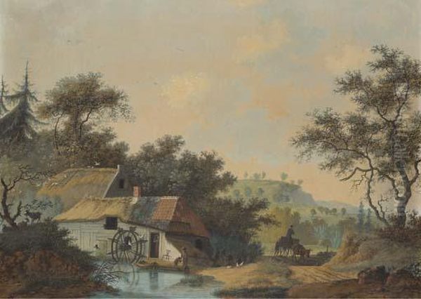 Un Paysage Avec Un Moulin A Eau 
Pres D'un Ruisseau, Une Charette Et Des Figures Au Premier Plan Oil Painting by Joseph Augustus Knip
