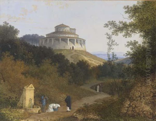 An Extensive Landscape With 
Peasants And A Priest By A Fountain, A Circular Basilica On A Hill 
Beyond Oil Painting by Joseph Augustus Knip