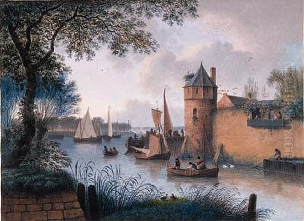 A Town Wall With A Jetty By A 
Tower At An Estuary And Fishermenmooring, Elegant Company Looking On 
From A Balcony Oil Painting by Joseph Augustus Knip