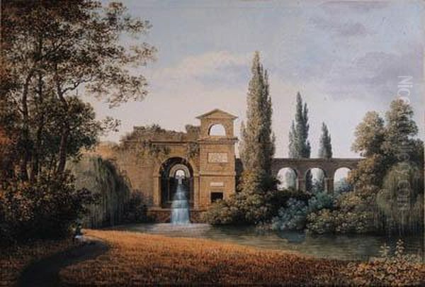 A View Of An Aqueduct With An 
Artificial Waterfall, A Seateddraughtsman In The Foreground Oil Painting by Joseph Augustus Knip
