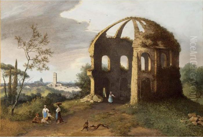 A View Of Rome With The Temple 
Of Minerva Medica, Women, Children And A Man In The Foreground Together 
With Dogs Oil Painting by Martheus Derk Knip