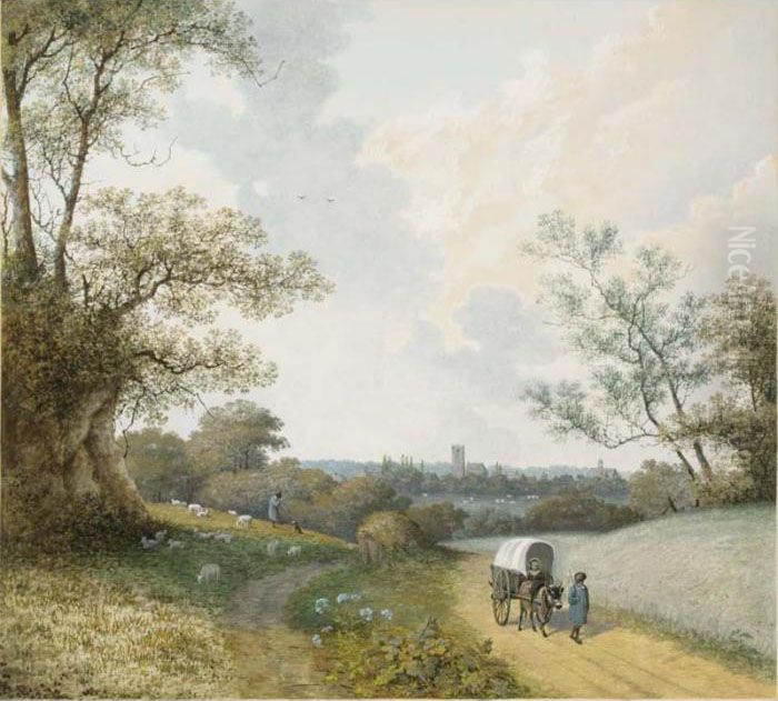 A View Of Vught, A Shepherd, His
 Dog And Flock Next To The Road And An Ox-cart With A Woman In The 
Foreground Oil Painting by Martheus Derk Knip
