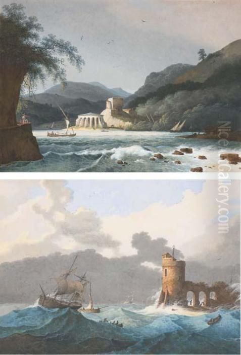 A Mountainous River Landscape 
With Sailing Boats, Buildings Beyond;and Ships On A Choppy Sea By A 
Lighthouse Oil Painting by Martheus Derk Knip