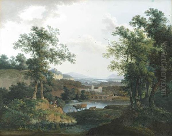 An Extensive Wooded River 
Landscape With Shepherds And Their Cattle In The Foreground, A City 
Beyond Oil Painting by Martheus Derk Knip