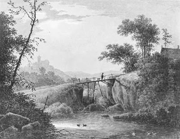 A Moonlit Hilly River Landscape 
With A Man And A Dog Crossing Awooden Bridge, A Castle On A Hill Beyond Oil Painting by Martheus Derk Knip