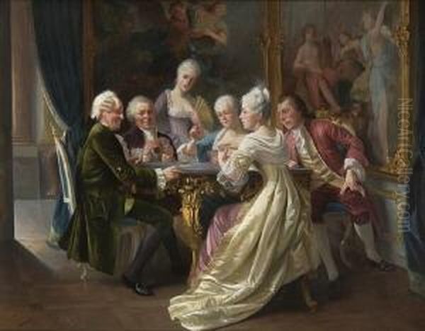 Rokokogesellschaft Beim
 Kartenspiel. Oil Painting by August Knoop