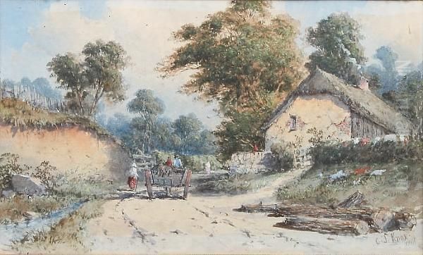 Figures And A Cart Travelling Up
 A Country Lane With Cottage In The Background, Framed And Glazed Oil Painting by George Knox