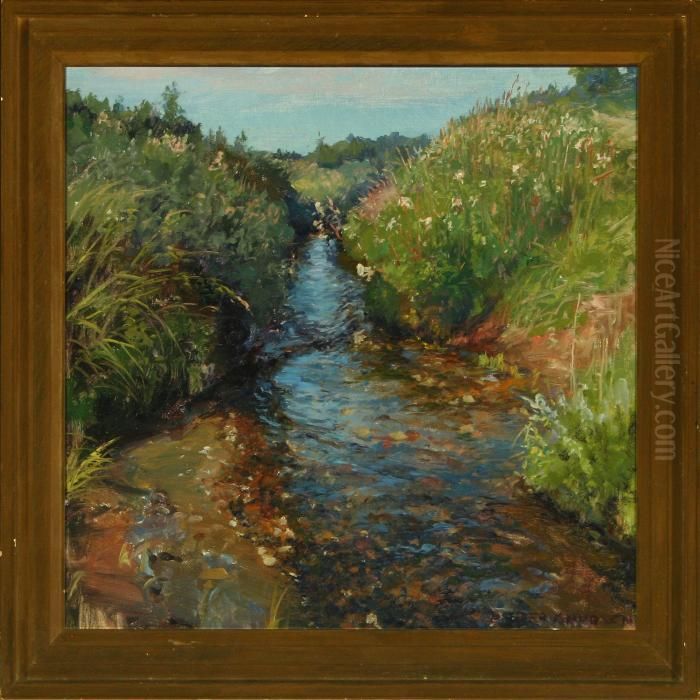 A Summer Landscape With A Brook Oil Painting by Peder Knudsen